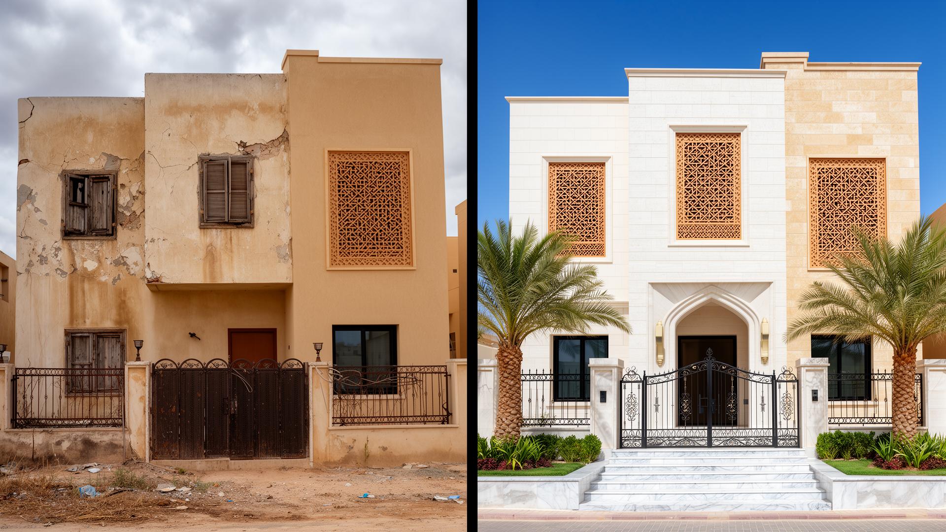 ترميم وتشطيب شامل - ترميم واجهة فيلا بتصميم سعودي حديث: قبل وبعد